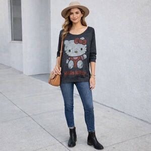 Hello Kitty Sanrio Distressed Gray Marbled Long Sleeve Tee Shirt Top Size XLarge